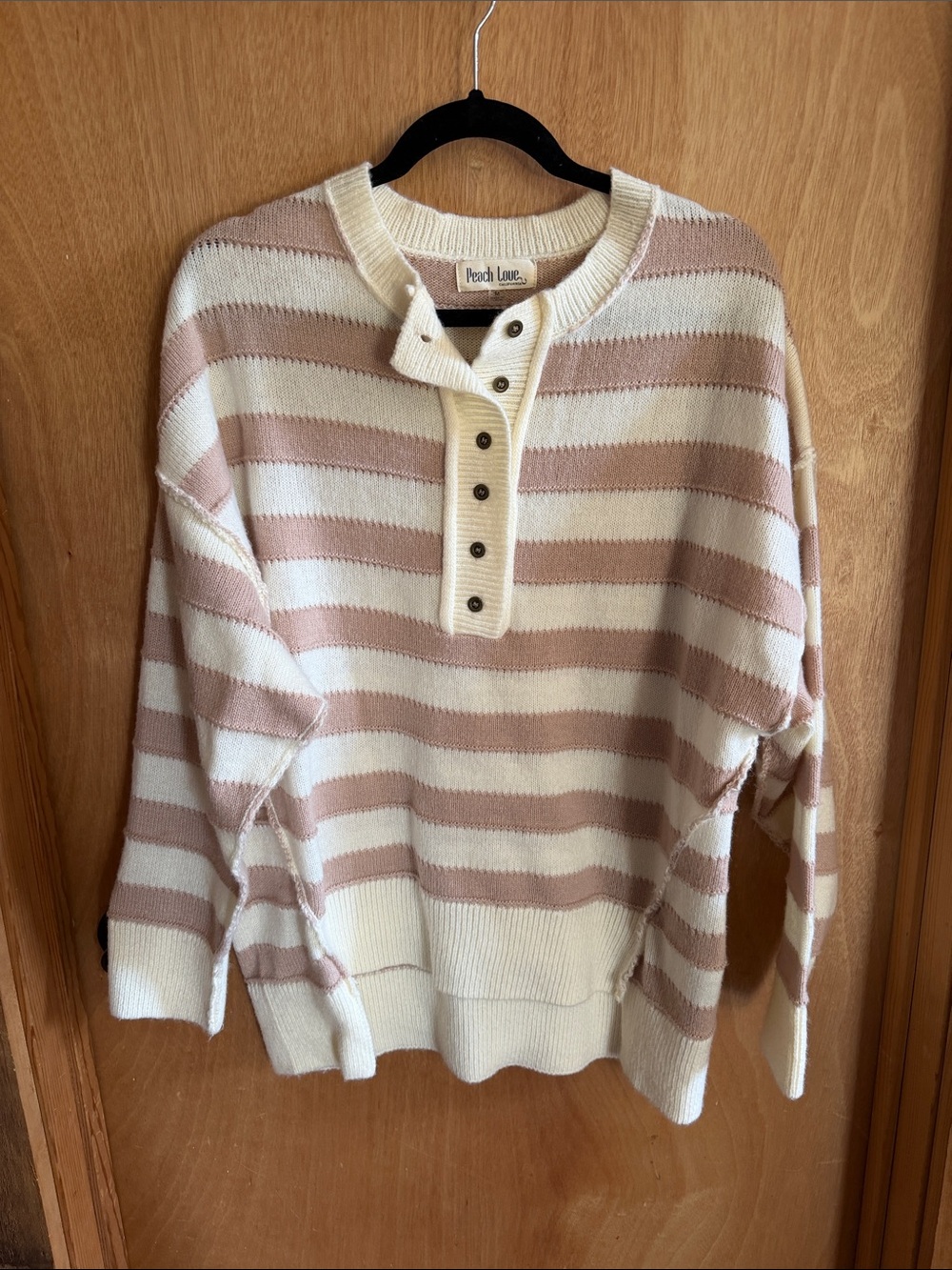 Peach Love California Cream & Blush Striped Henley Sweater